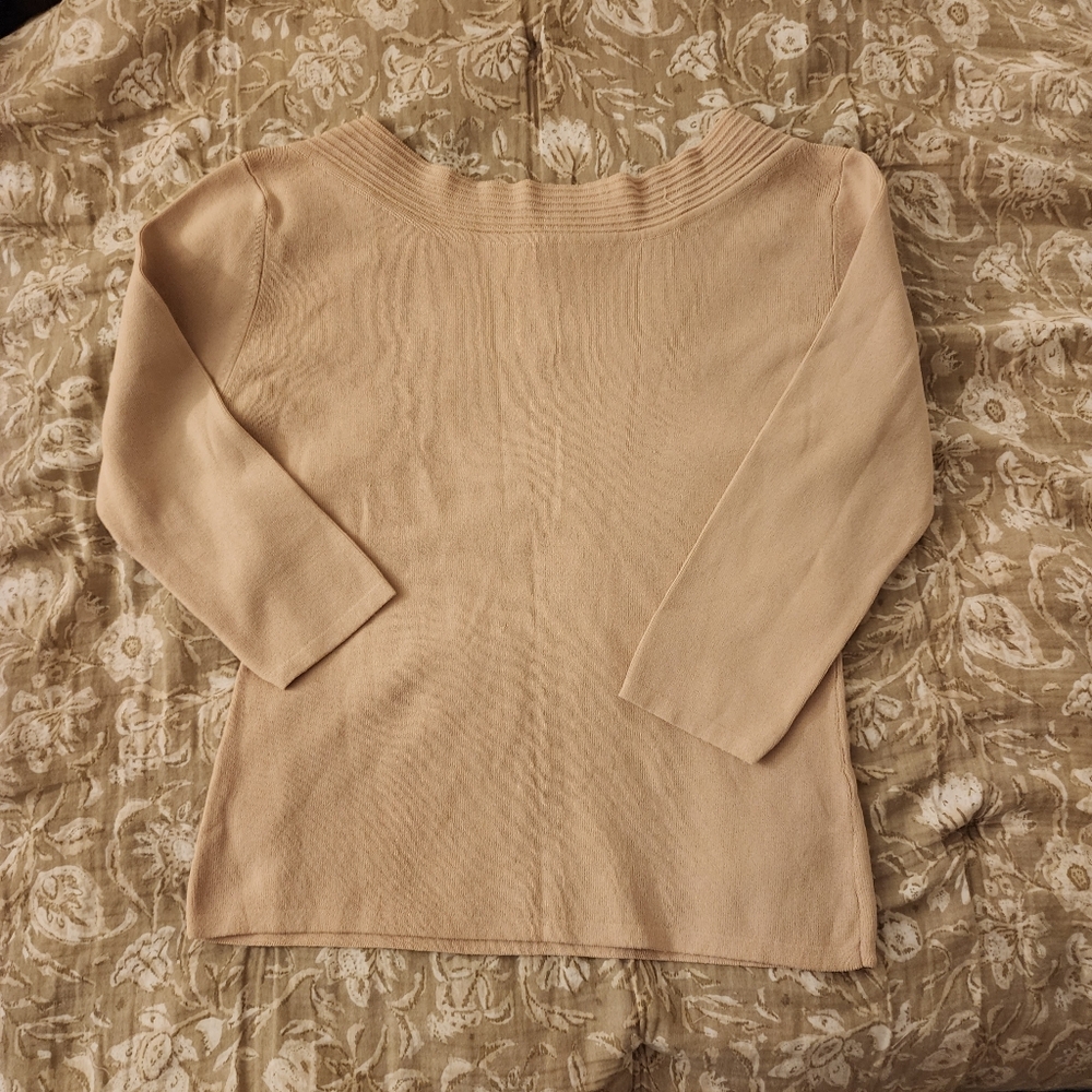 Vintage Y2K Boat Neck Knit Top Sweater 3/4 Sleeve Tan M Cream Beige